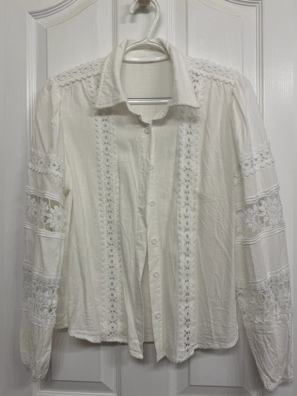 Women's White Lace-Trim Button Front Blouse